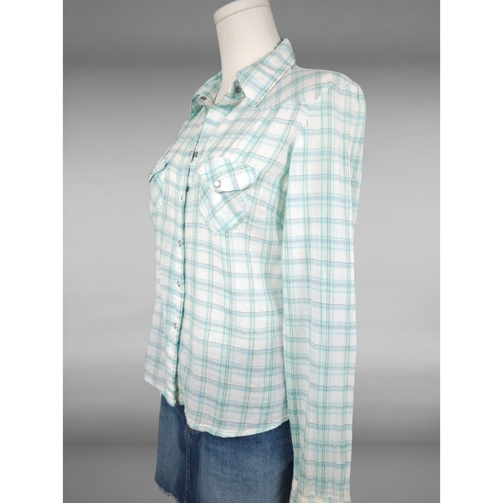 Vintage Y2K Aeropostale Western Pearl Snap Shimmer Plaid Shirt Teal White Medium - Picture 3 of 10